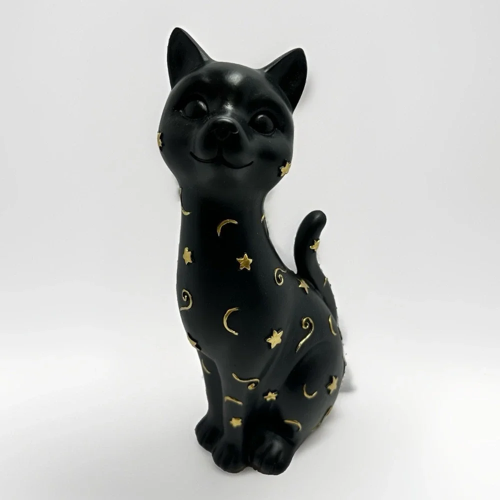Rachel Zoe Black Cat Figurine Gold Moon Stars Halloween Gothic Decor Resin